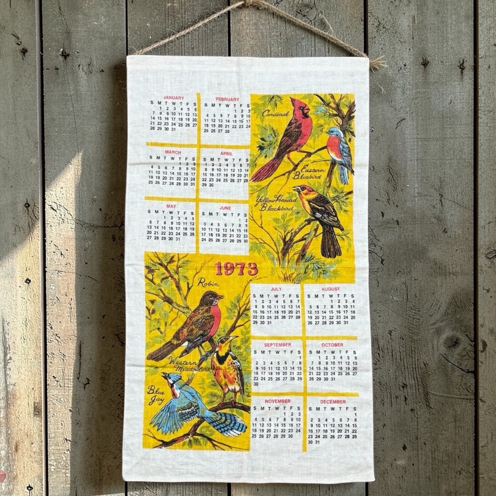 Vintage 1973 Bird Calendar Linen Tea Towel Fabric Wall Hanging Art Decor